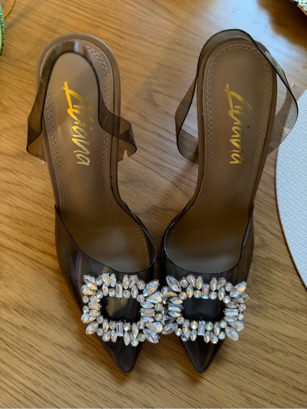 Brown Clear Crystal-Embellished  Pointed-Toe Heels